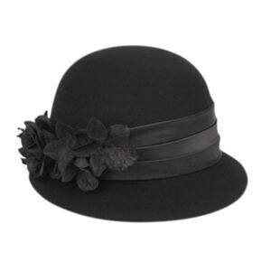 Women's Gatsby Linen Wool Cloche Hat with Lace Band and Flower Black NWT